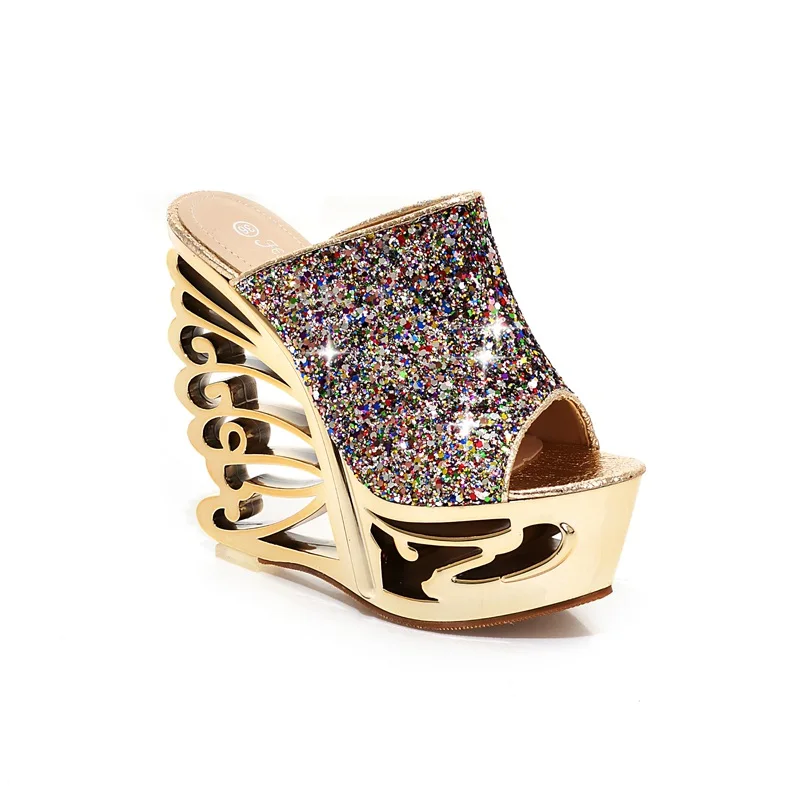 Женские блестящие шлепанцы на танкетке с вырезами платформе высоком каблуке