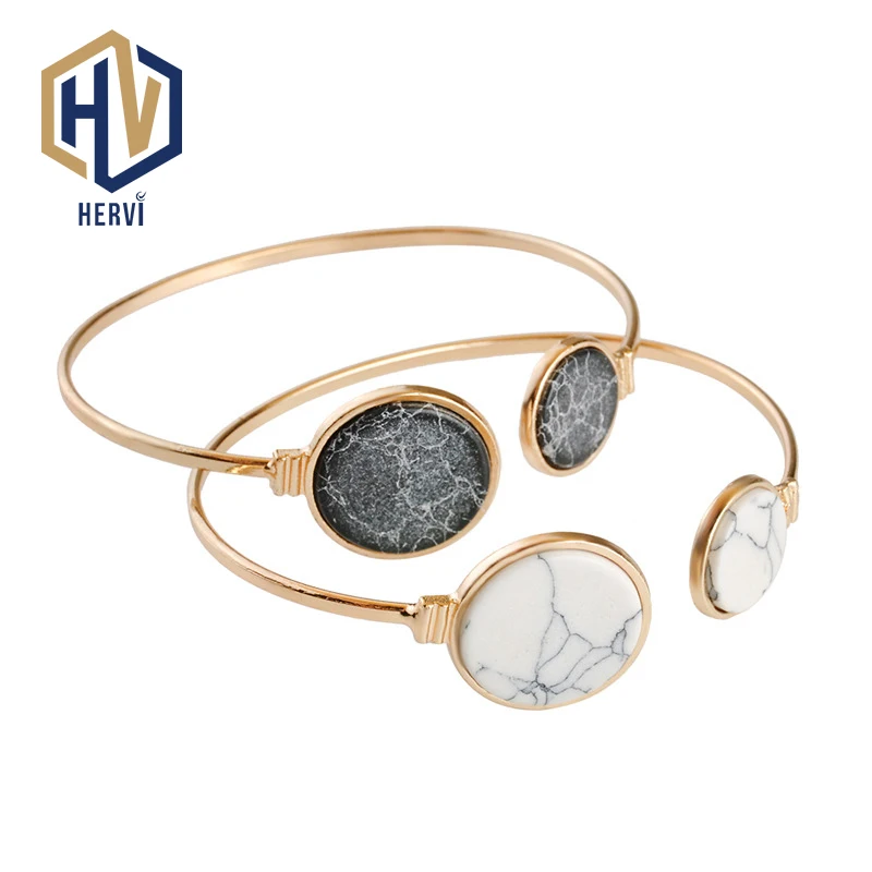 Браслет-зажим круглой формы из золота с геометрическим узором из белого и черного фальшивого мрамора для женщин моды SL3.