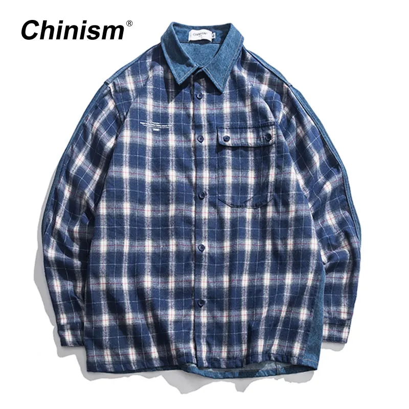 CHINISM плед с длинным рукавом Джинсовые рубашки Для мужчин хип хоп Повседневное