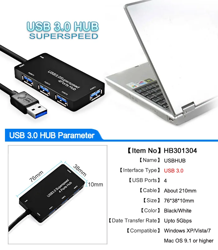 Мини-usb 3,0 концентратор USB разветвитель 4 порта Высокоскоростной Мульти USB Hab 5 Гбит/с 3 концентратор адаптер ультра тонкий для ноутбука Компьютерные аксессуары