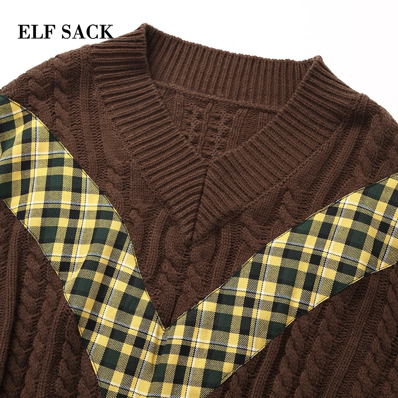 ELF SACK Winter Warm Woman New Sweater Casual Full V-Neck Women Pullovers Color Patchwork Stylish Femme Hand Knitted | Женская одежда