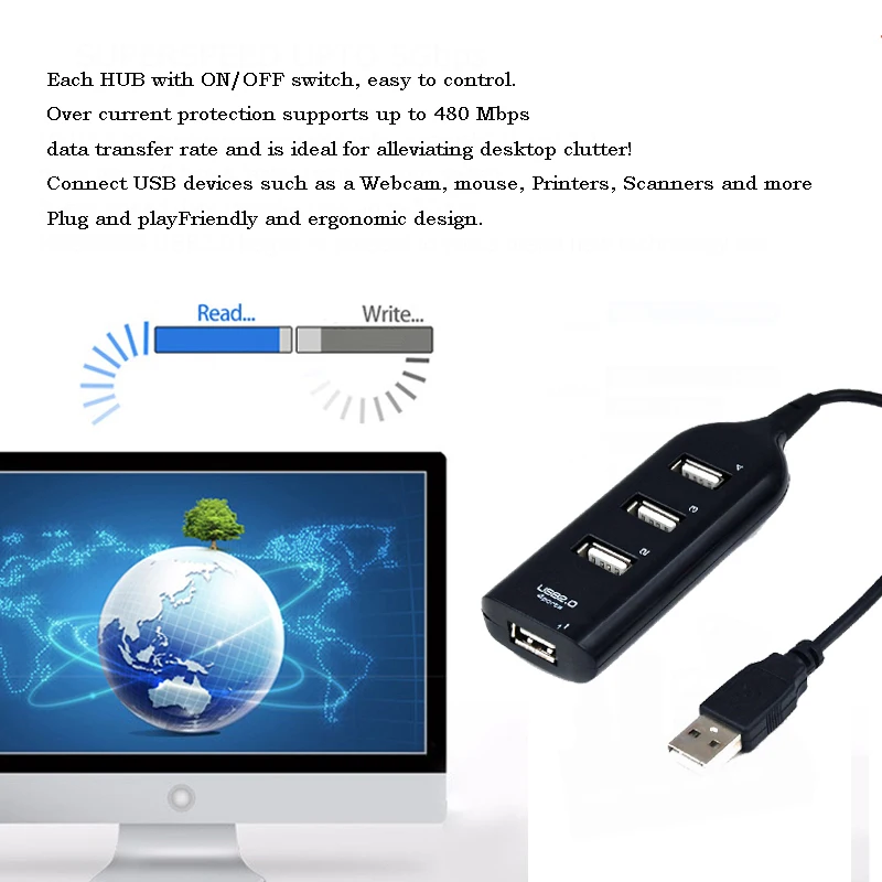 USB 2 0 высокоскоростной 4 порта сплиттер концентратор адаптер для ПК ноутбука