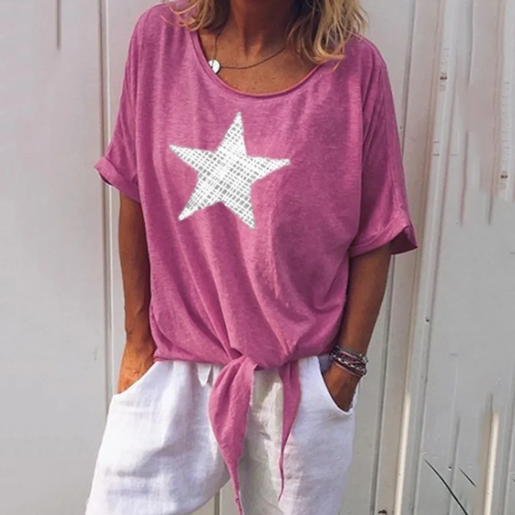 Женская футболка с принтом в виде звезд Повседневная коротким рукавом и узлом на