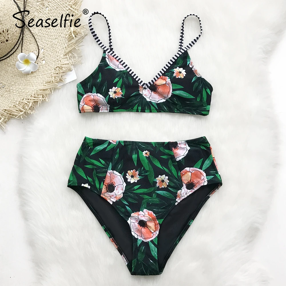 Secelfie/зеленые женские комплекты бикини с цветочным принтом и высокой талией Boho
