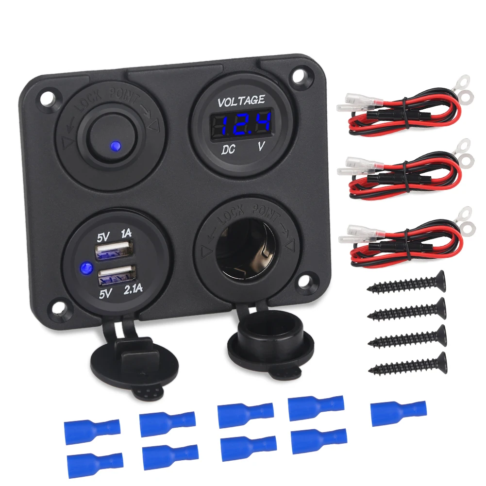 

Motorcycle Marine Car Boat Panel Switches Dual USB Socket Charger Cigarette Lighter Led Voltmeter 12v Rocker Panel Switch