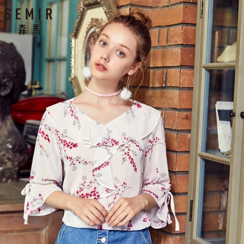 SEMIR женская шифоновая блузка с цветочным принтом оборкой воланом рукавами