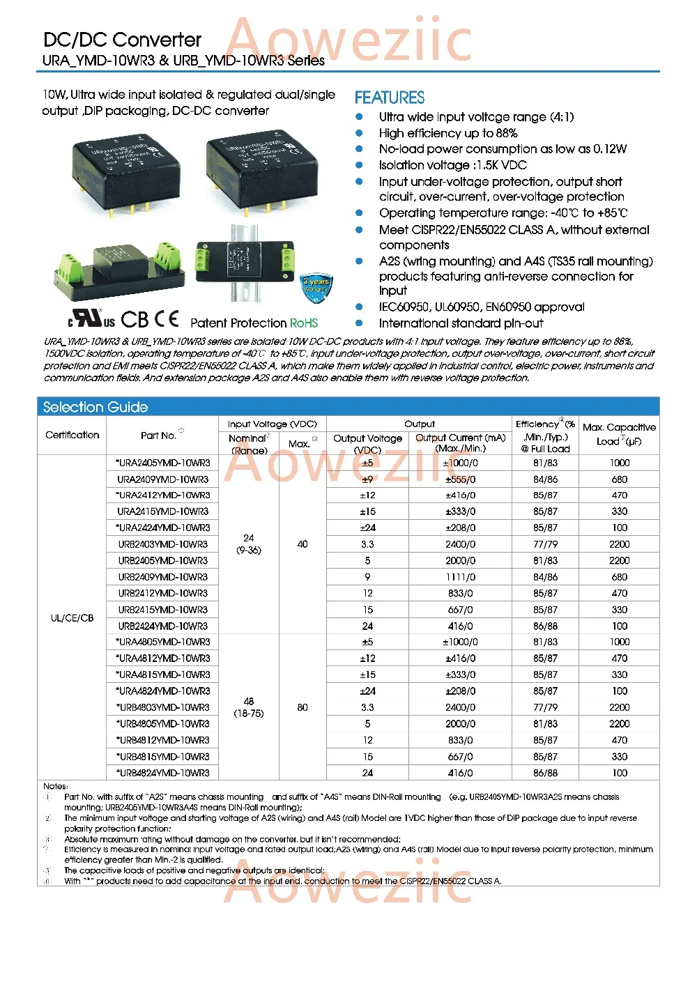 Aoweziic URA4812YMD-10WR3 URA4812YMD-10W New Original DIP Input: 18-75V Dual Regule Output: +12V 0.41A -12V -0.41A DC-DC Isolate |