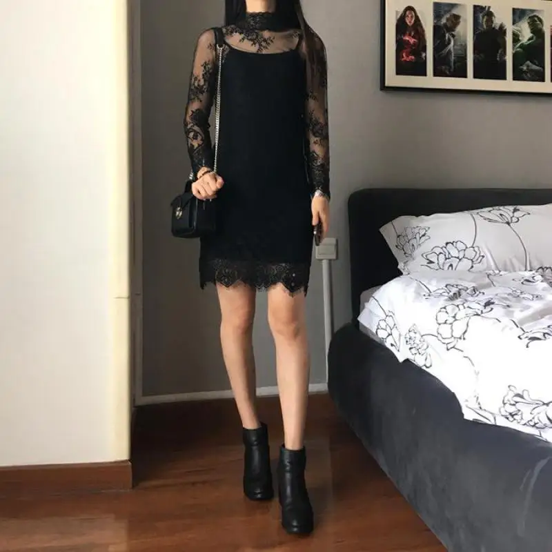 new 2017 spring designer womans dress black slim sexy Harajuku hollow out lace Fashion brand Lace Dress | Женская одежда