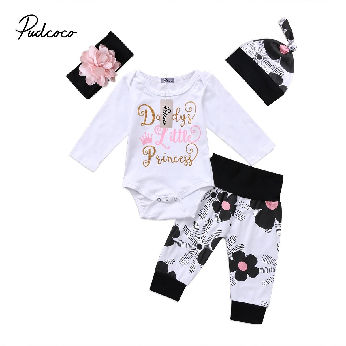 2018 Brand New 0-24M Newborn Infant Baby Girl Boys Spring Clothes Set 4PCS Long Sleeve Rrincess Romper Floral Pants Headband Hat | Детская