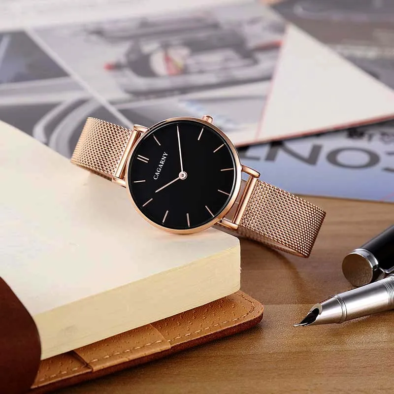 Женские брендовые Роскошные модные часы ультра тонкие из розового золота и стали