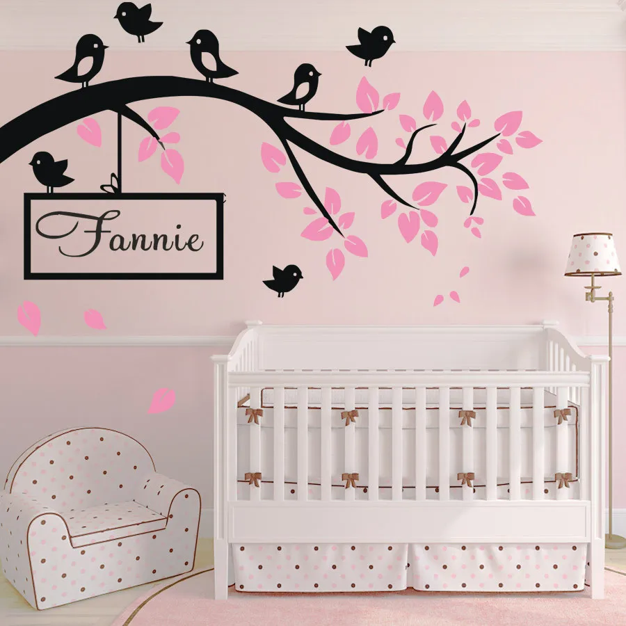 Huge Birds Branch Wall Sticker Vinyl Decal Kid Nursery Baby Decor Personalised Name Wall Sticker For Kids Room 114cmx151cm