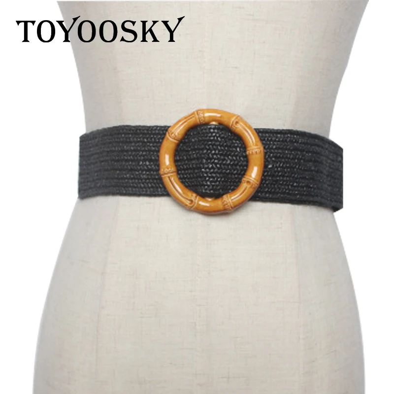 

2019 New Arrival Vintage Knitted Wax Rope Women Cummerbund Round Wooden Buckle Elastic Elegant Waistband for Female TOYOOSKY