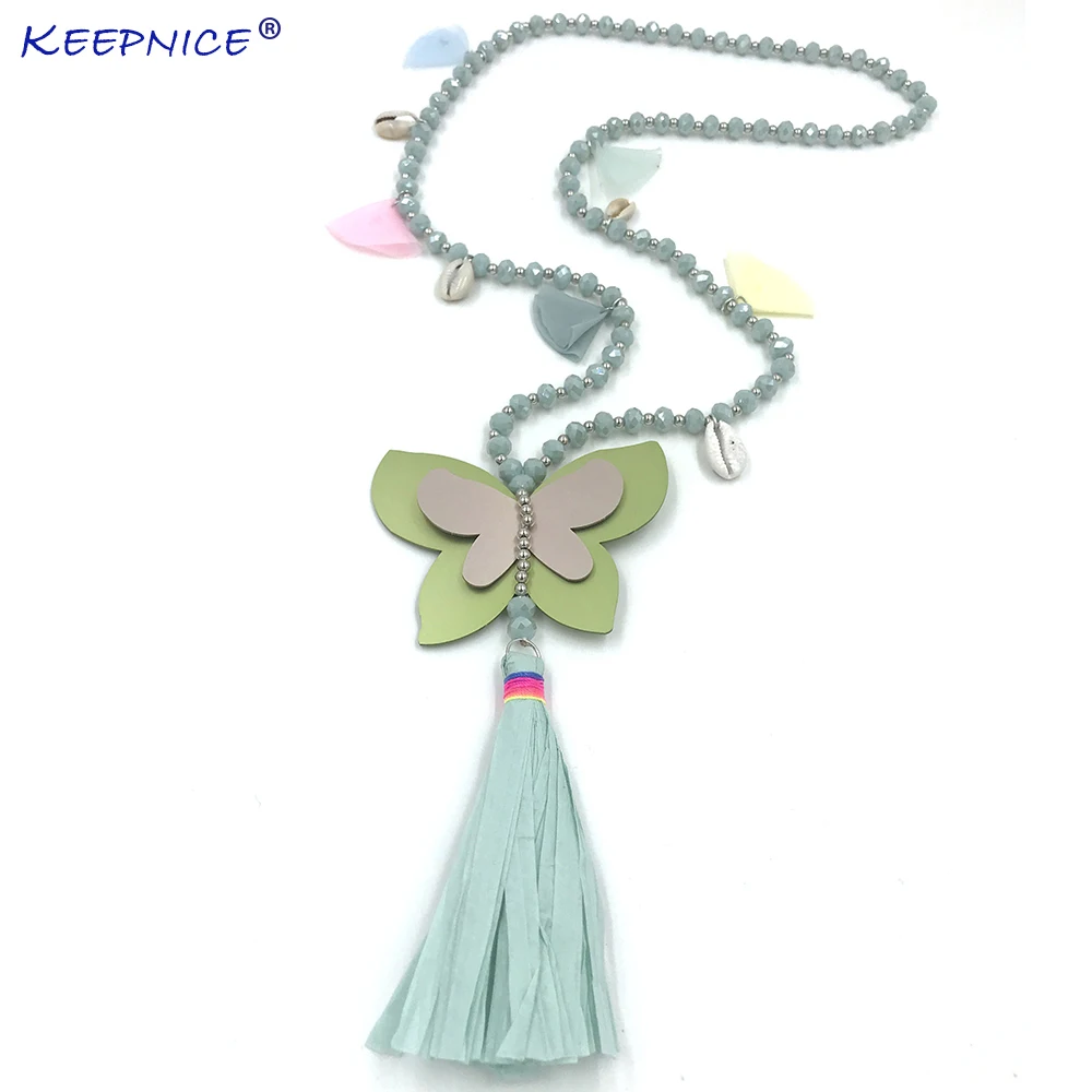 

2019 New Handmade Bohemia Jewelry crystal beaded chain butterfly Pendant Necklace Long Fringe Tassel pendant necklace