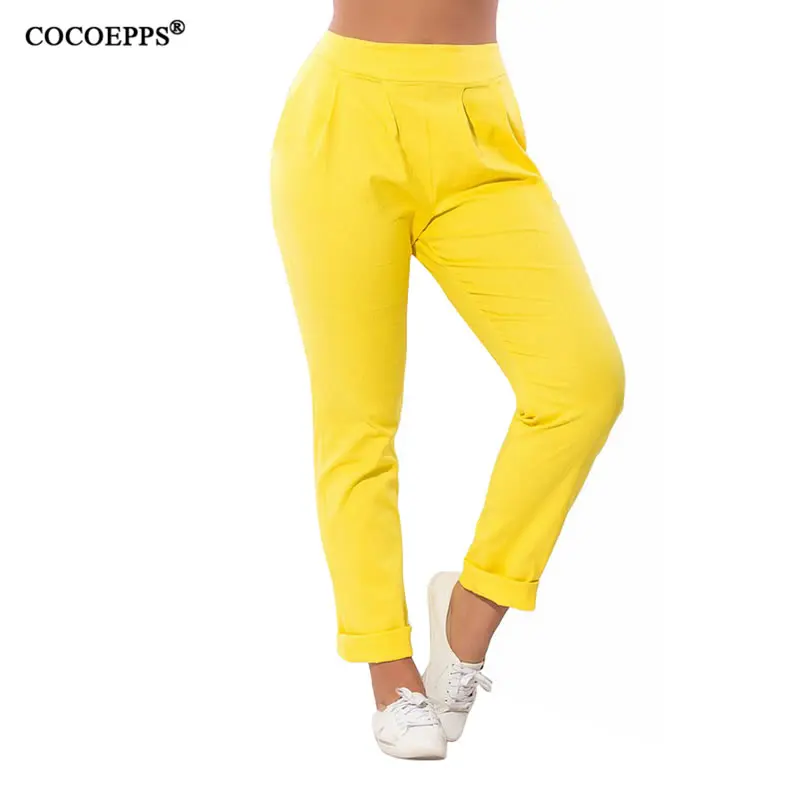 Yellow COCOEPPS размера плюс повседневные узкие брюки женские весенние большие размеры одноцветные длинные штаны с высокой талией 5XL 6XL летние штаны для женщин - Цвет: Yellow