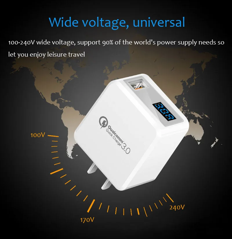 QC3.0 Mobile Phone Charger Smart USB Charger 5V/3A 9V/2A 12V/1.5A Digital Display Fast Charging Charger for Huawei All Phones