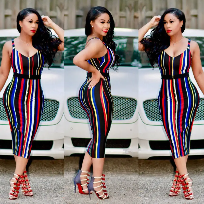 Пикантные Для женщин Лето бинты платье в полоску ремень v образным вырезом Радуга