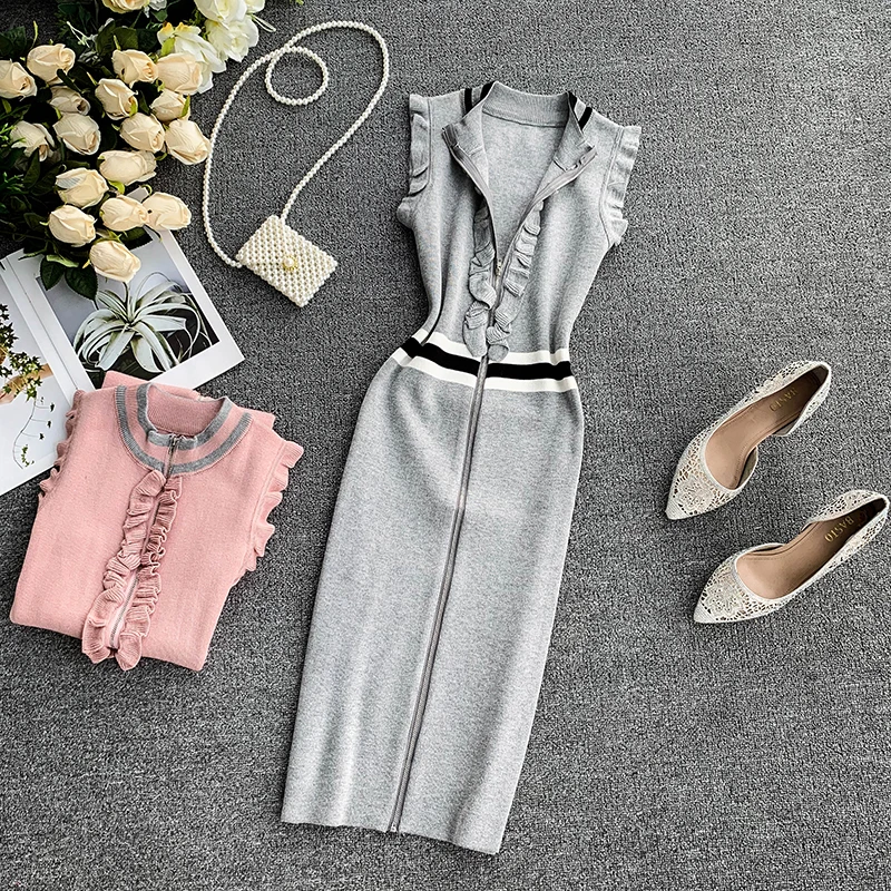 ALPHALMODA 2019 Ретро вязаное платье с плиссированной отделкой на молнии без рукавов