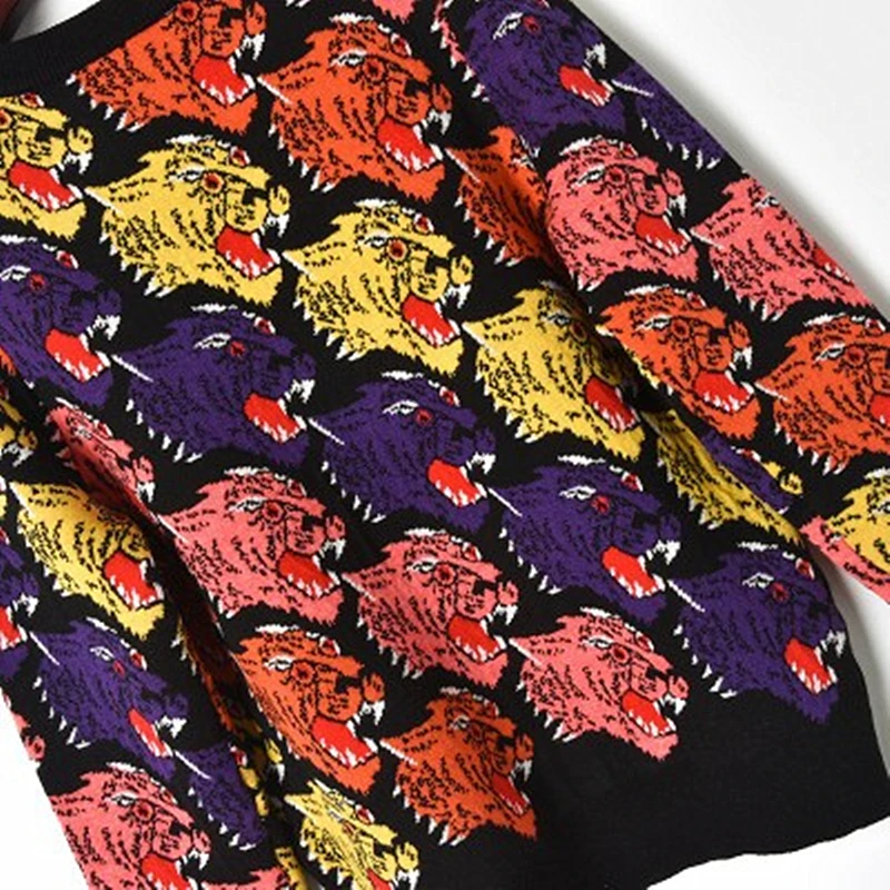 2018 New European And American Style Multicolor Tiger Head Knitted Sweater Straight Round Neck Female Thick Section | Женская одежда