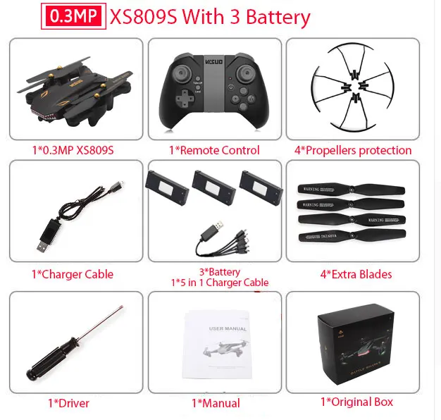 0.3MP 809S 3B Складной Дрон для селфи VISUO XS809S с широкоугольной 2-мегапиксельной HD камерой WiFi FPV XS809HW Модернизированный Радиоуправляемый квадрокоптер вертолет мини Дрон - Цвет: 0.3MP 809S 3B