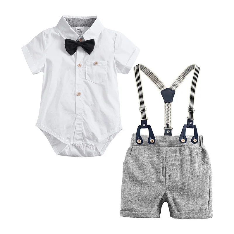 Summer Boys Suit formal Dress outfit Tie shirt romper Short Sleeve Uniform bib Shorts 4pcs toddler boys clothing set |