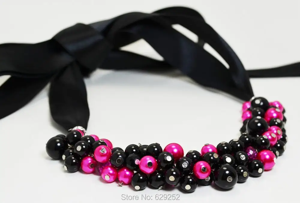 Черное ярко-розовое массивное ожерелье украшения из бисера свадебные черного