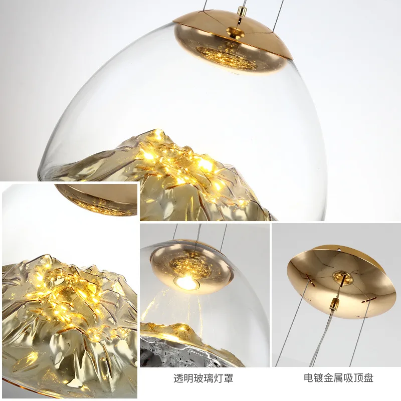 

Nordic Art Restaurant Bedroom LED Pendant Lamp Creative Golden Mountain Silver Mountain Glass Living Room Luxury Decoration Lamp