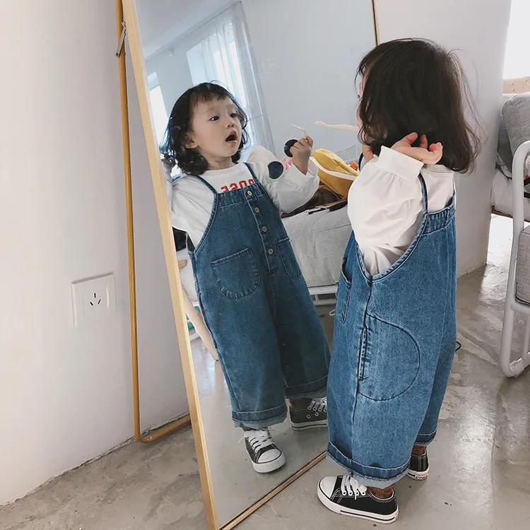 Весна корейский стиль 2019 г. свободные джинсовые комбинезоны для маленьких
