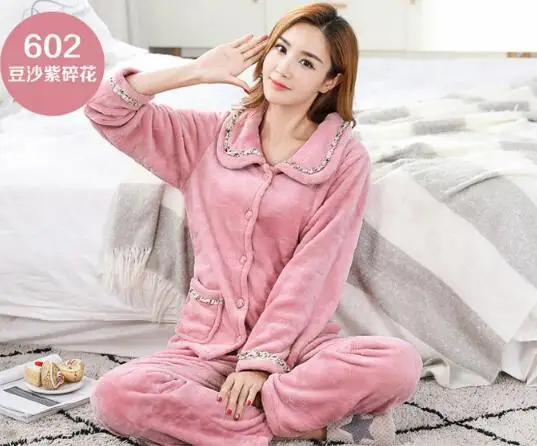 pink Fdfklak, новинка, Повседневная Пижама для женщин, Фланелевая пижама с длинным рукавом, женская пижама большого размера, набор, Толстая теплая Пижама - Цвет: pink