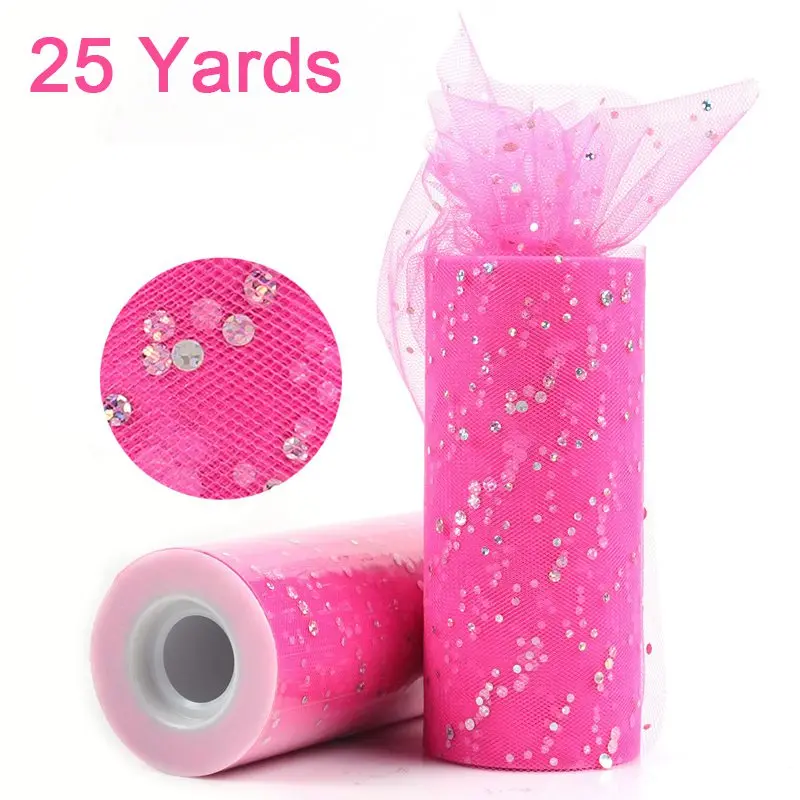 Sequin neon pink 25 FENGRISE Блестящий рулон тюля с блестками 10 25 ярд 15 см катушка пачка Свадебная отделка органзы лазер DIY ремесло день рождения поставки - Цвет: Sequin neon pink 25