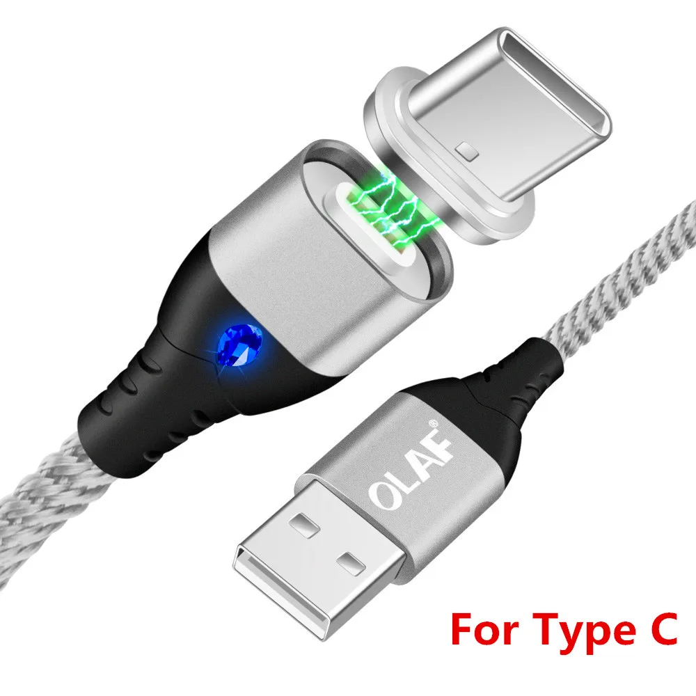 Silver For Type C Магнитный кабель OLAF, usb type C, супер быстрая зарядка, USB C, светодиодный, магнитное зарядное устройство для samsung S8 S9, huawei mate 20 Lite, кабели - Цвет: Silver For Type C