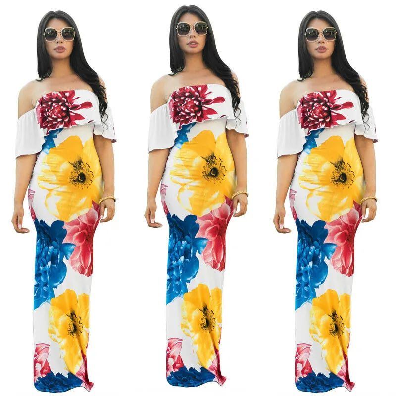 Женское платье-макси в стиле бохо длинное платье пол с открытыми плечами и