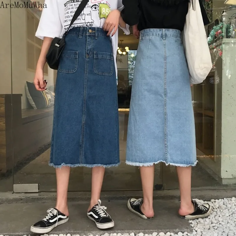 

AreMoMuWha Long Section Front Slit Hairline Denim Skirt Female Spring New Korean Version of The High Waist Was Thin A Word Mh123