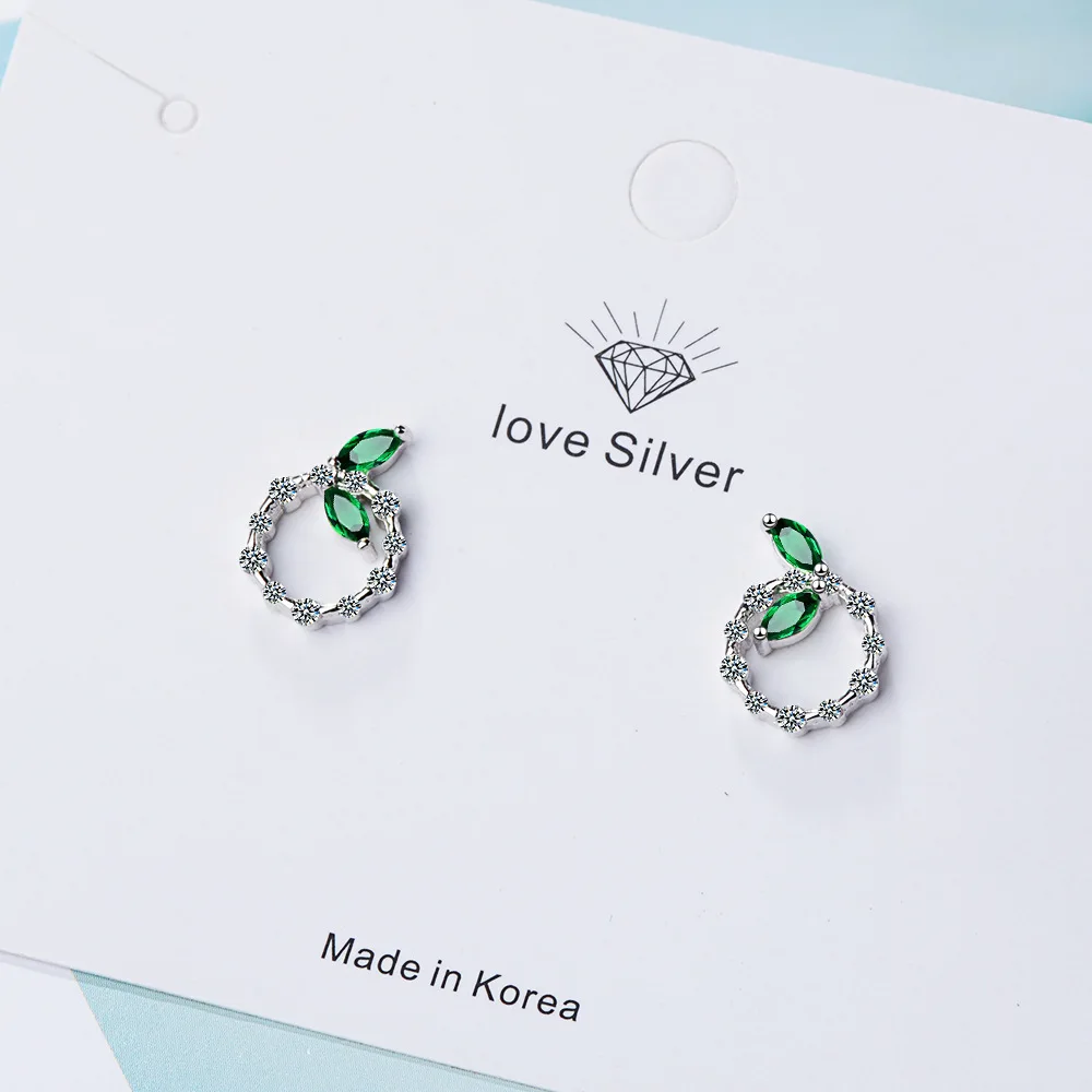 ModaOne Green Leaf Crystal Round Zircon Sterling Silver Stud Earrings For Women Fashion Trendy Jewelry Aretes De Mujer | Украшения и