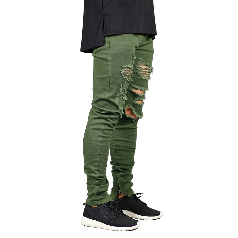 

Men Zipper Destroyed Jeans Stretch Fashion Army Green Ripped Men Skinny Jeans Y2631