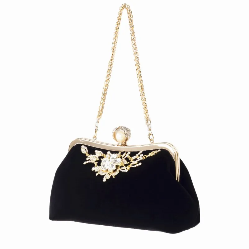

Female Velvet Diamond Pearl Purse Vintage Crystal Velvet Evening Bag Flower Wedding Party Bride Clutch Bag Velvet Purse Handbag