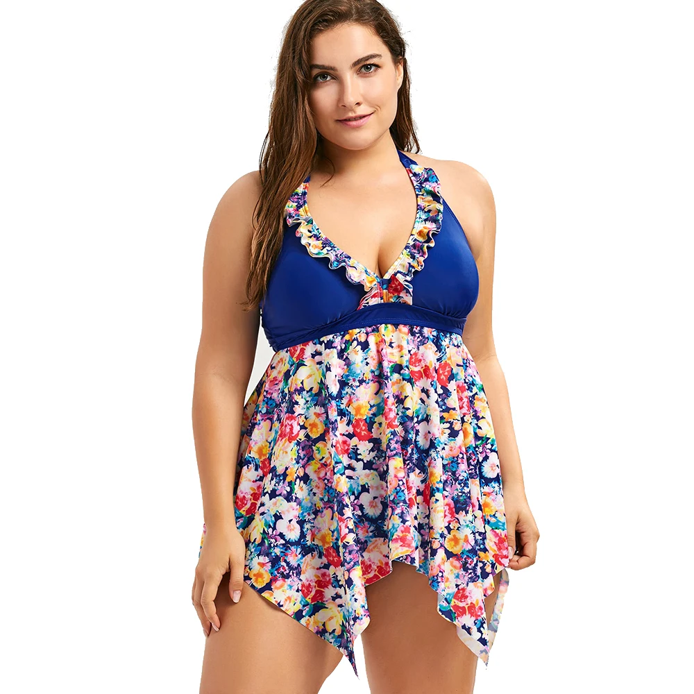 

Женские купальные костюмы из двух предметов с цветочным принтом, сексуальная купальная одежда с лямкой на шее, Танкини с коротким купальным платьем, мягкая ткань