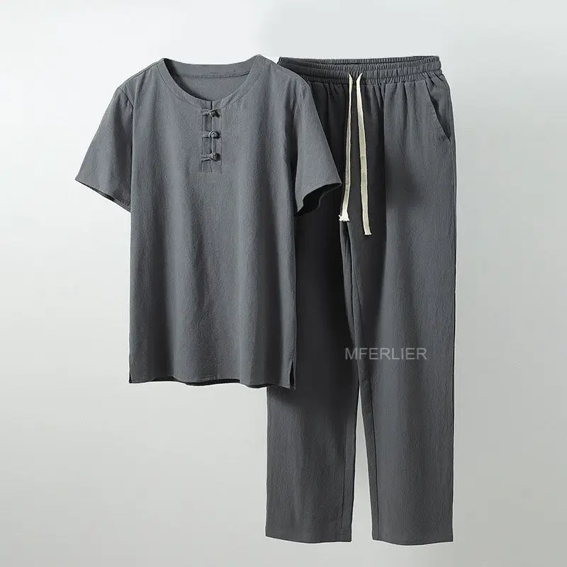 MFERLIER Летняя мужская рубашка 5XL 6XL 7XL 8XL 9XL 10XL бюст 157 см размера плюс льняная рубашка большого размера с брюками мужские 5 цветов