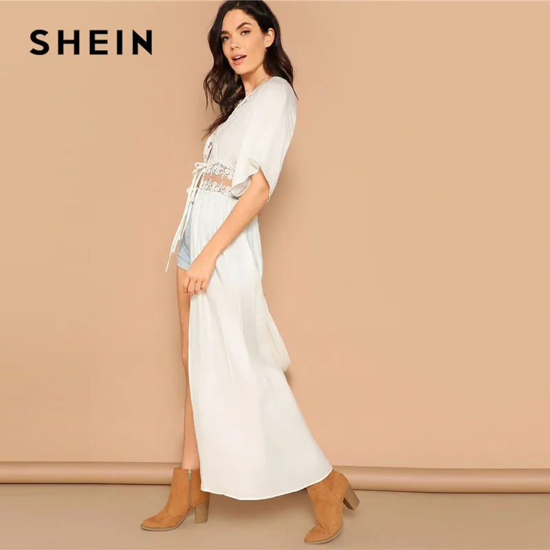 SHEIN Повседневное Кимоно С Кружевной Вставкой И Заниженной Линией Плеч Полупрозрачное Богемное Пляжное Длинное Кимоно