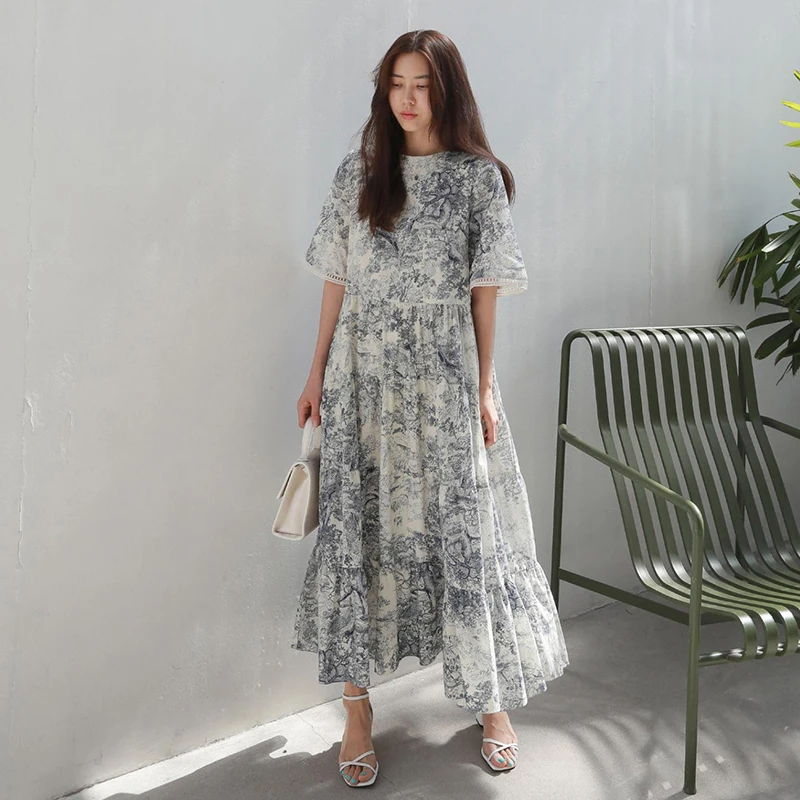 Женское винтажное платье с круглым вырезом VGH свободное до щиколотки короткими