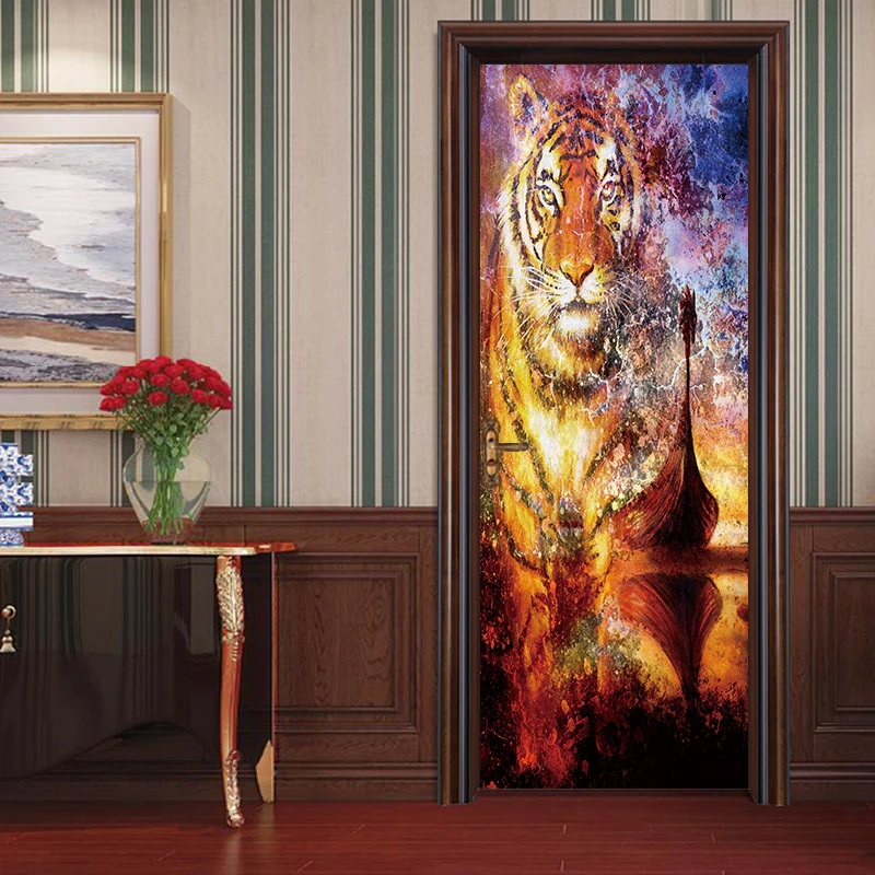 

77x200cm creative Animal Colorful Tiger Door Stickers Wallpaper Poster Wall Sticker Office Bedroom Living Room Home Decoration