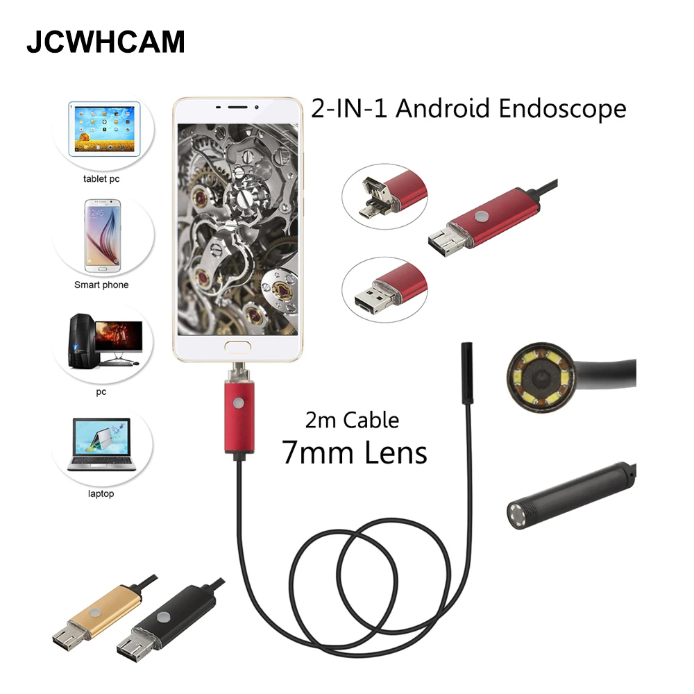 

JCWHCAM 7mm Lens 480P 2M Cable 6 LEDs USB Endoscope for Industrial Inspection IP67 Waterproof Endoscope Borescope Camera