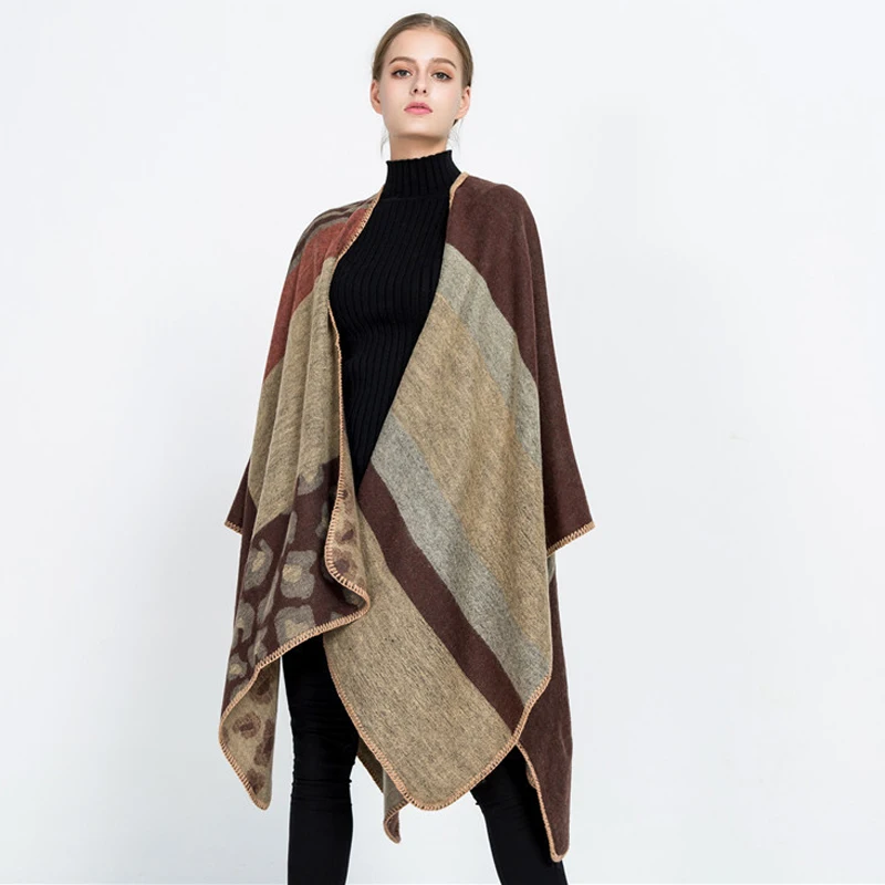 Fashion Women Cardigan New Autumn Multicolor Spelling Color Geometry Scarf Imitate Cashmere Cloak Joker Shawl Loose Coat CK215 |