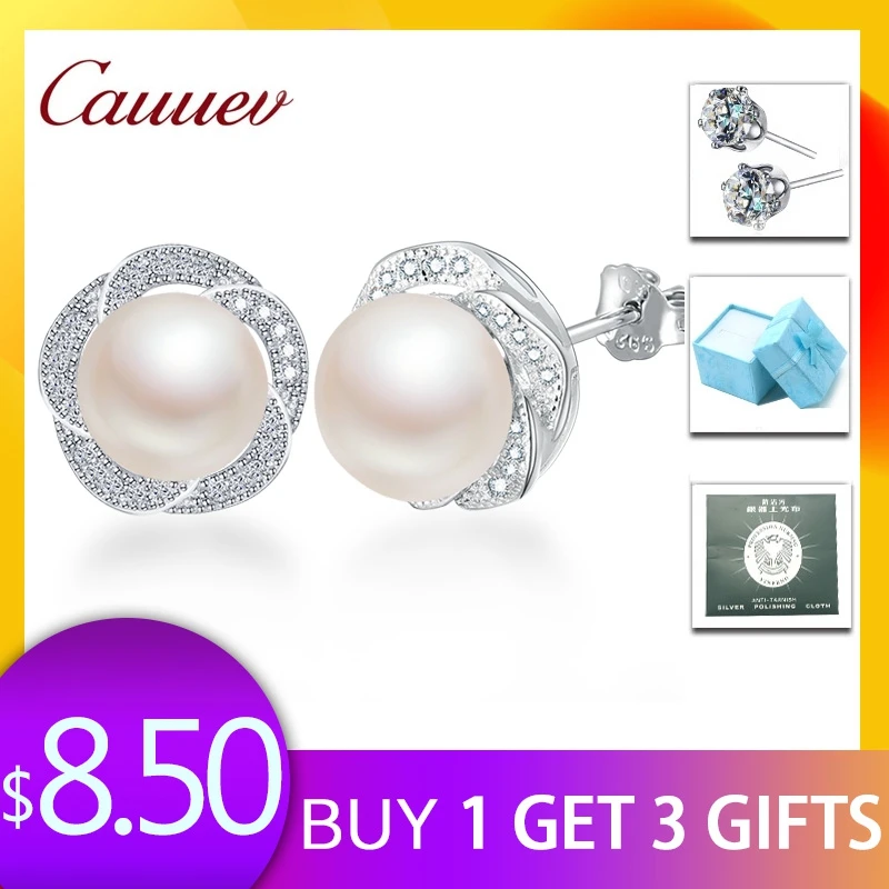 

topAAAA High Luster 100% Natural Freshwater Pearl Stud Earrings For Women Fashion 925 Sterling Silver Flower Jewelry wowen gift