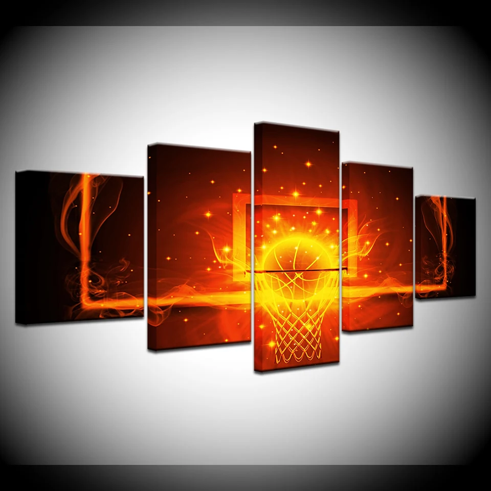

The fire basketball stand 5 panel Wallpapers modern Modular Poster art Canvas painting for Living Room Home Decor