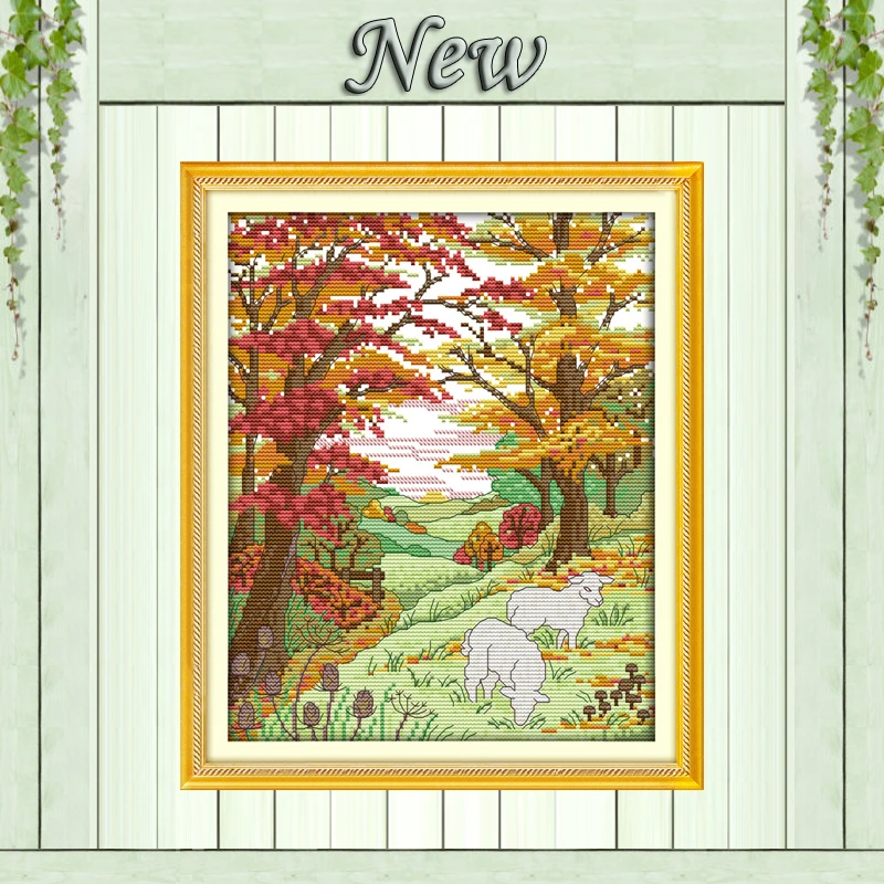 Осенний пейзаж с овечкой и лесом рассчитанная Печать на холсте DMC 14CT 11CT наборы для