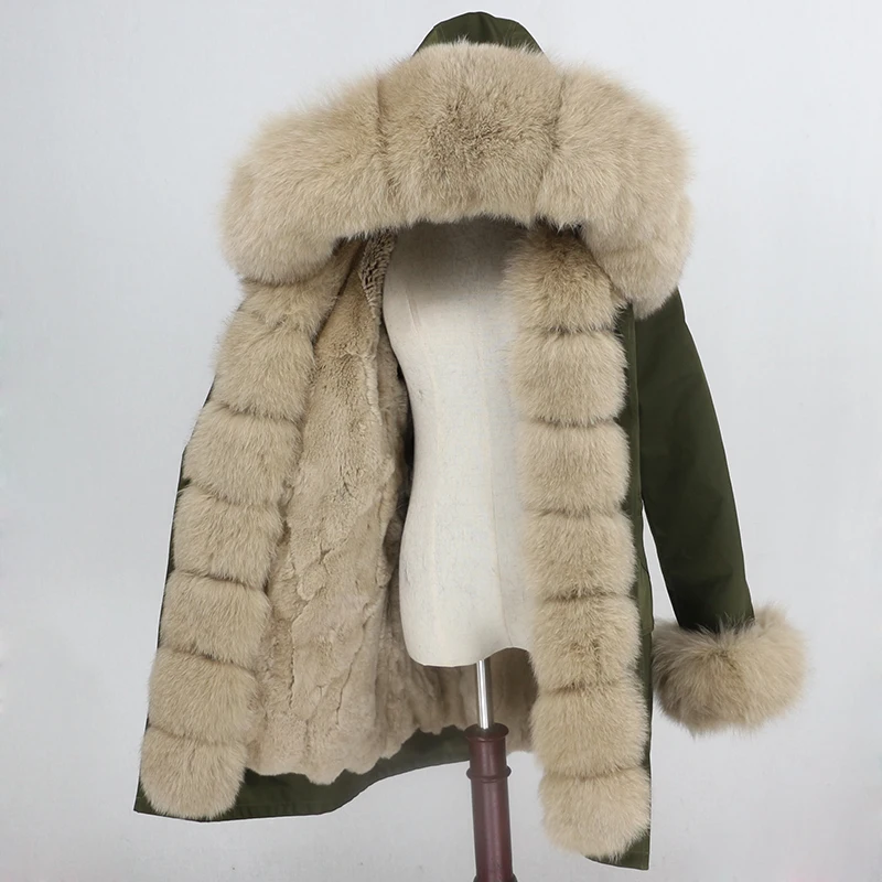 green beige Водонепроницаемая парка OFTBUY, длинное пальто с натуральным мехом енота, Воротник из лисьего меха, капюшон, подкладка из кроличьего меха, толстая теплая верхняя одежда, уличная одежда - Цвет: green beige