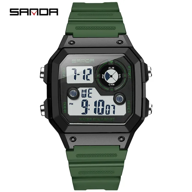 ArmyGreen SANDA Брендовые мужские спортивные часы, модные часы Chronos обратного отсчета, мужские водонепроницаемые светодиодный цифровые часы, мужские военные часы, мужские часы - Цвет: ArmyGreen