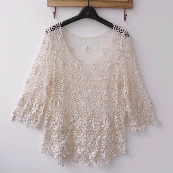 Женская пляжная кружевная блузка с рукавом три четверти белая крючком и цветком
