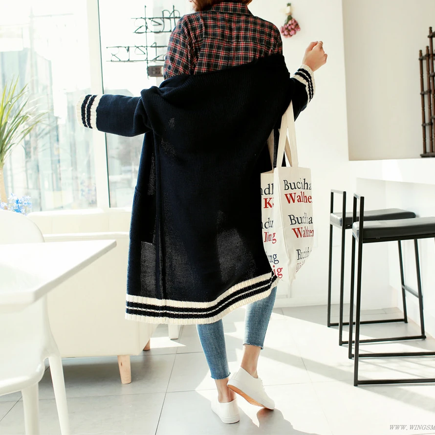 Autumn Winter Women Sweater 2018 New Korean Style Oversized Long Cardigan With Ribbed Striped Solid Pink Navy Blue Female Jacket |