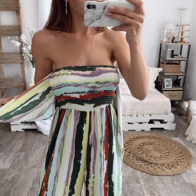 

2019 Fashion Strapless Print Jumpsuits Women Club Casual Party Holiday Wide Leg Long Jumpsuit